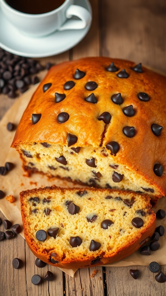 A slice of chocolate chip cake on a rustic table with chocolate chips and a cup of coffee.